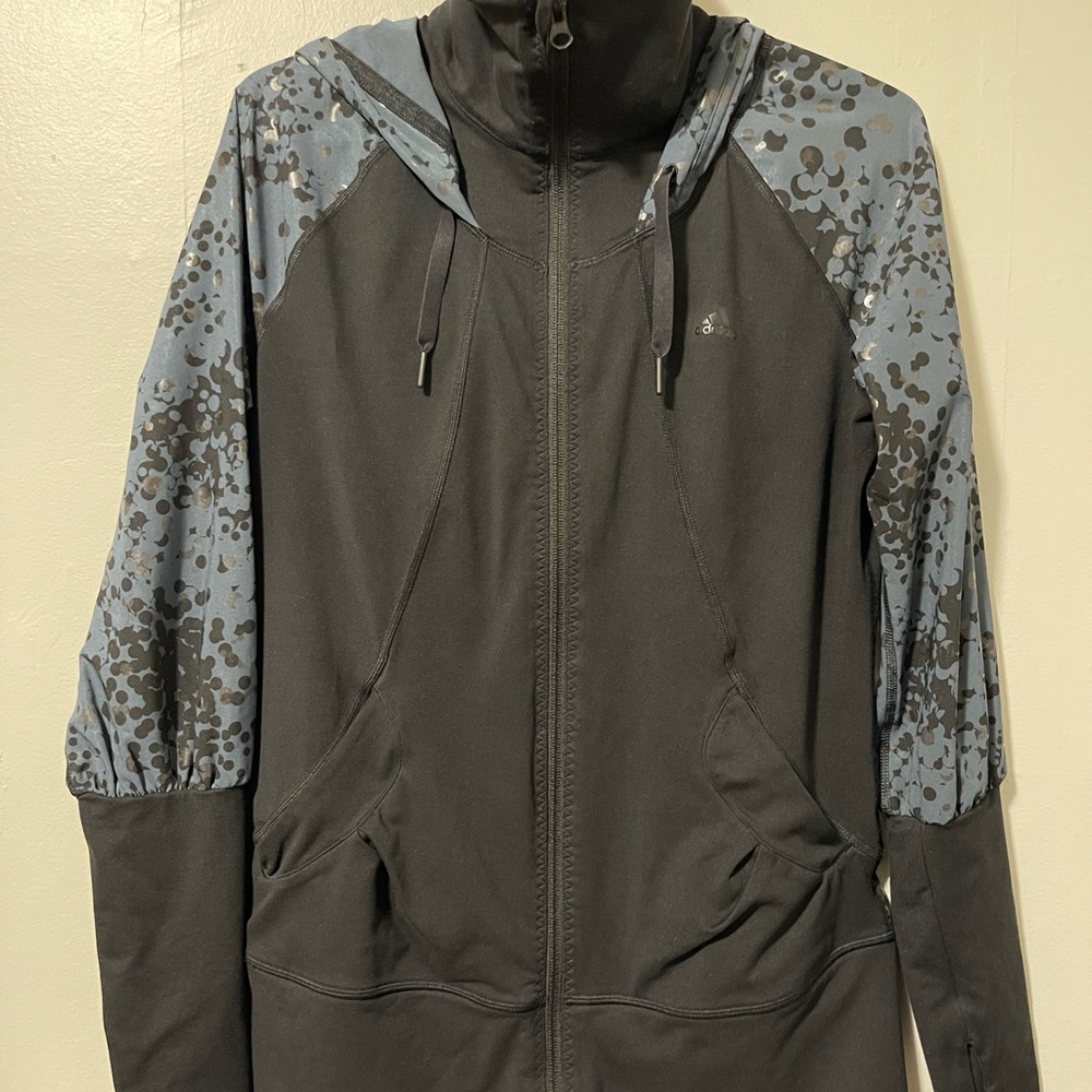 Adidas Women's Black Hoodie with Blue Speckled Sleeves